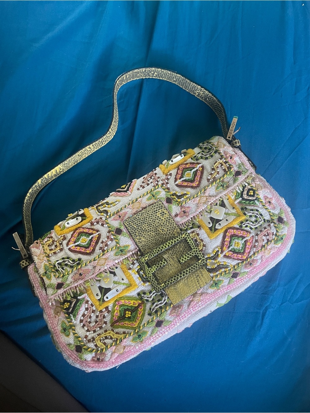 Fendi Embellished Pink Beaded Shoulder Bag with lizard skin vintage